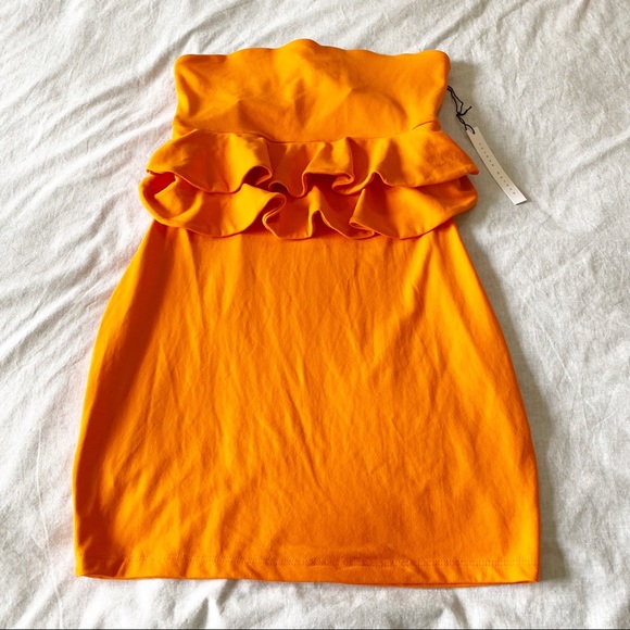 SUSANA MONACO Strapless Ruffle Bodycon Mini Dress Popsicle Orange Large NEW NWT - Picture 2 of 9